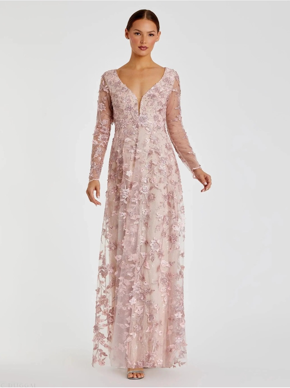 Mac Duggal Pink Floral Applique Embroidered Long Sleeve Illusion Dress 18 70224
